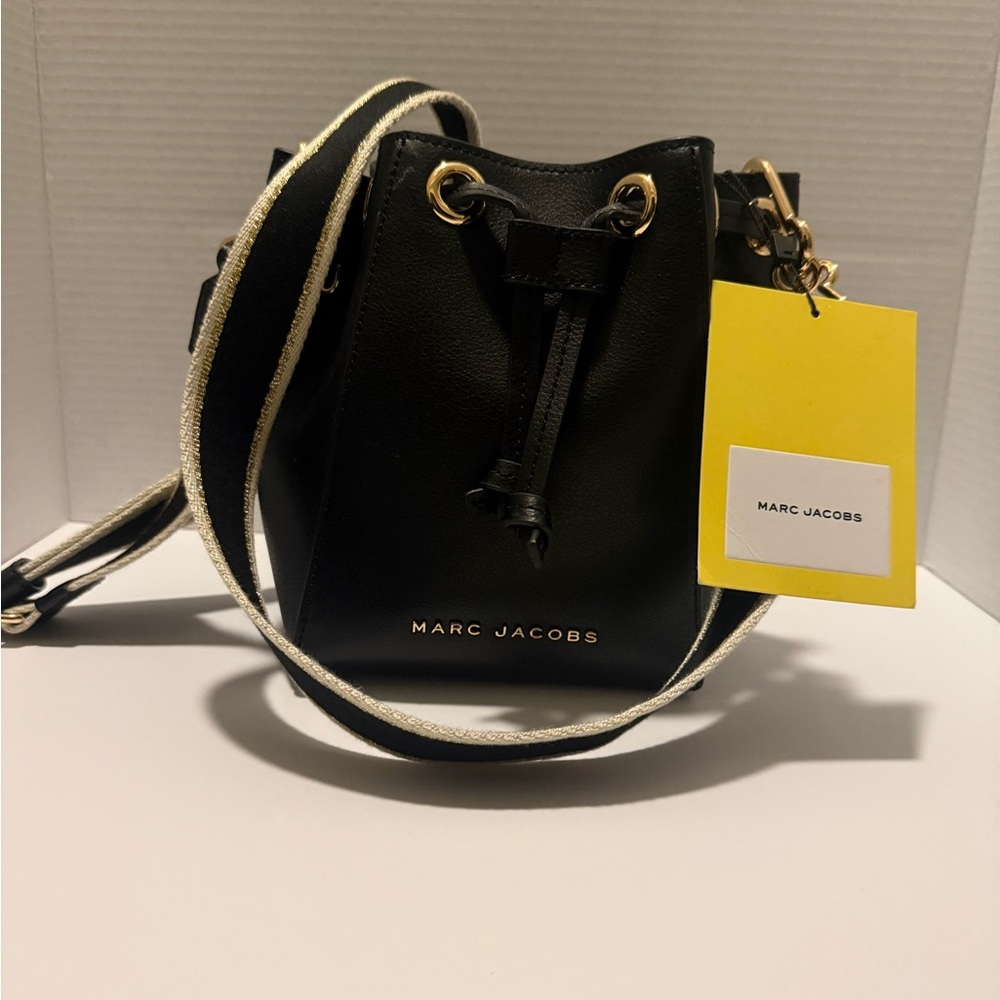 Marc Jacobs Black Leather Drawstring Crossbody with Gold Hardware